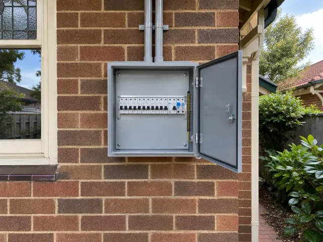 Exterior switchboard on a brick brick wall beside a window, door open in Cammeray